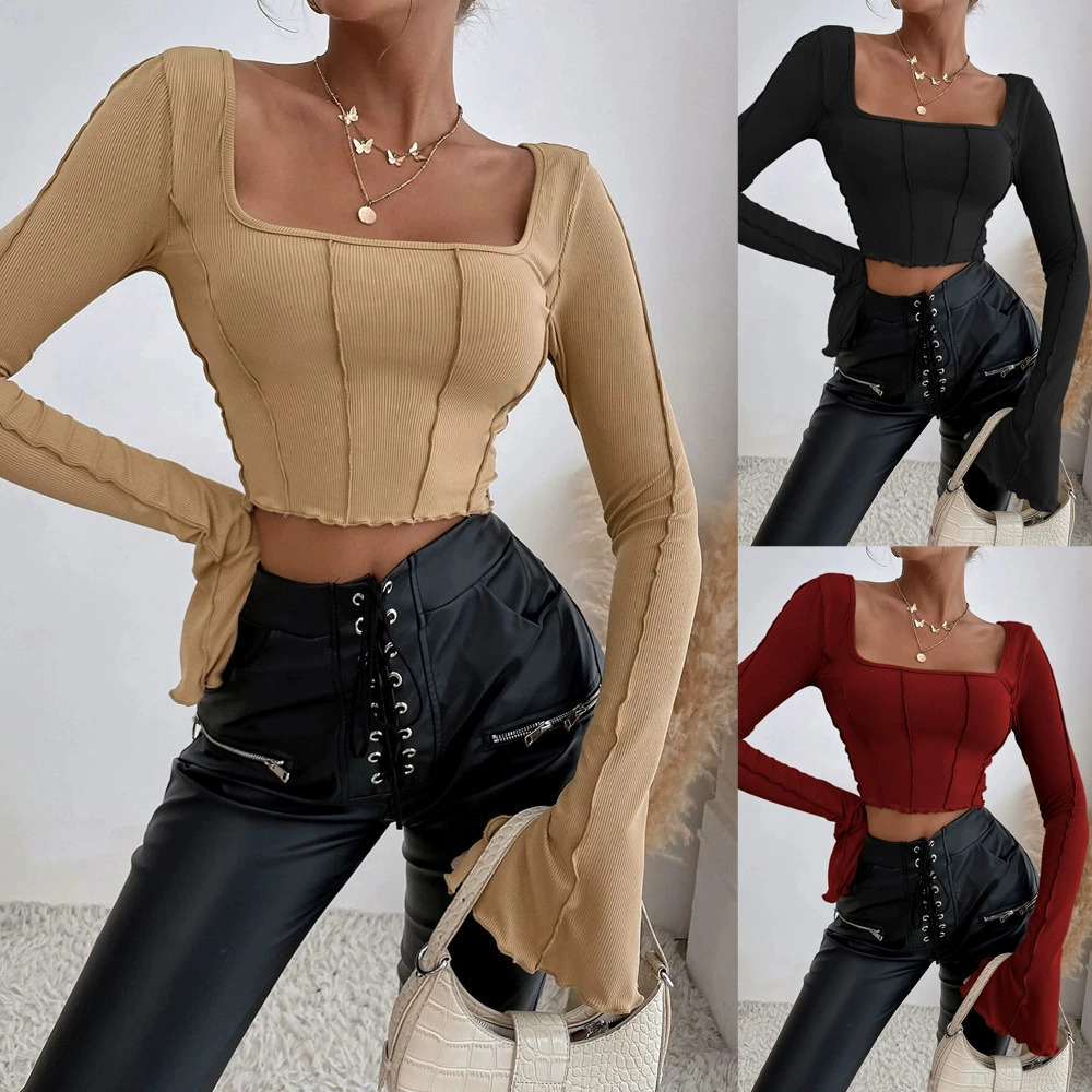 ZARA Spring Summer Slim Fit Square Neck Long Sleeve Pullover Knit Top
